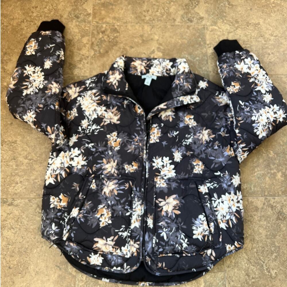 FLX Black Floral Quilted Puffer Winter Jacket, Women's size M, NWOT